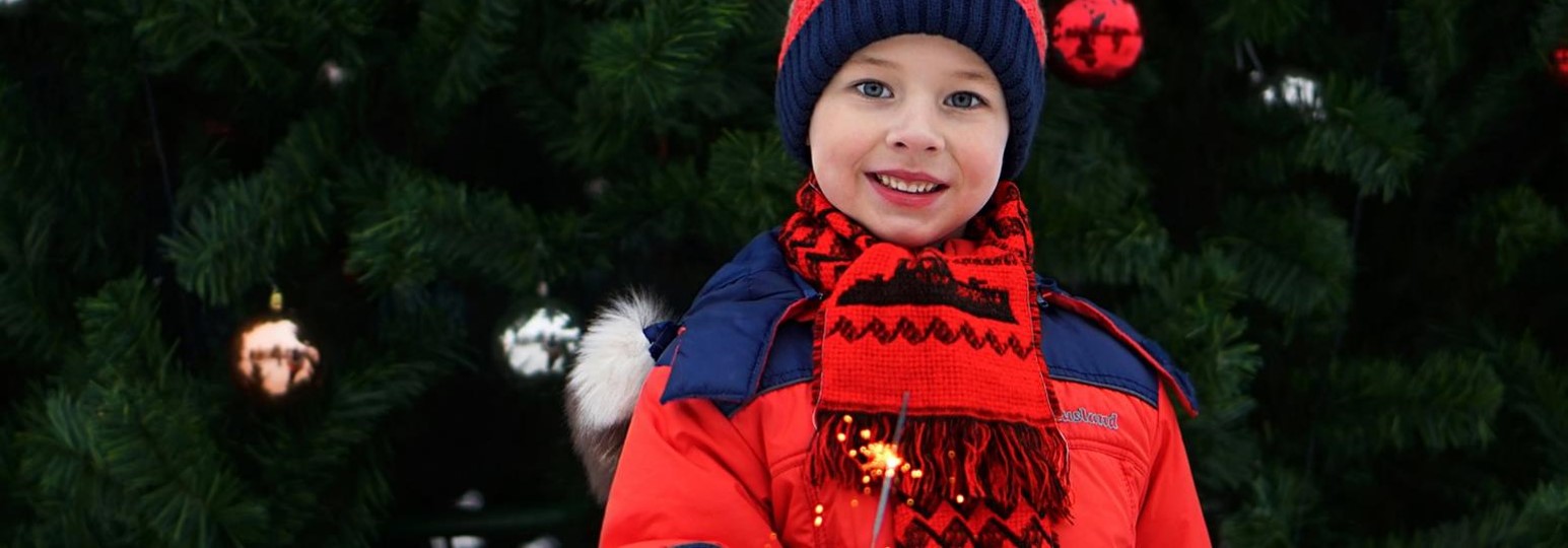 Celebrate the Holidays boy with sparkler in front of a christmas tree