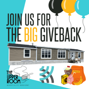 Big Giveback Invitation with cottage, lunch bag and balloons
